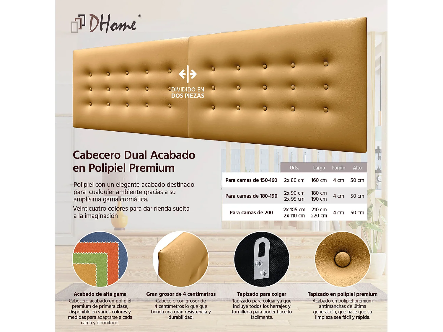 DHOME Testiera in Ecopelle con 3 File di Bottoni Testiera Imbottita Letto di Lusso (Dorato, 180cm (2 pezzi))