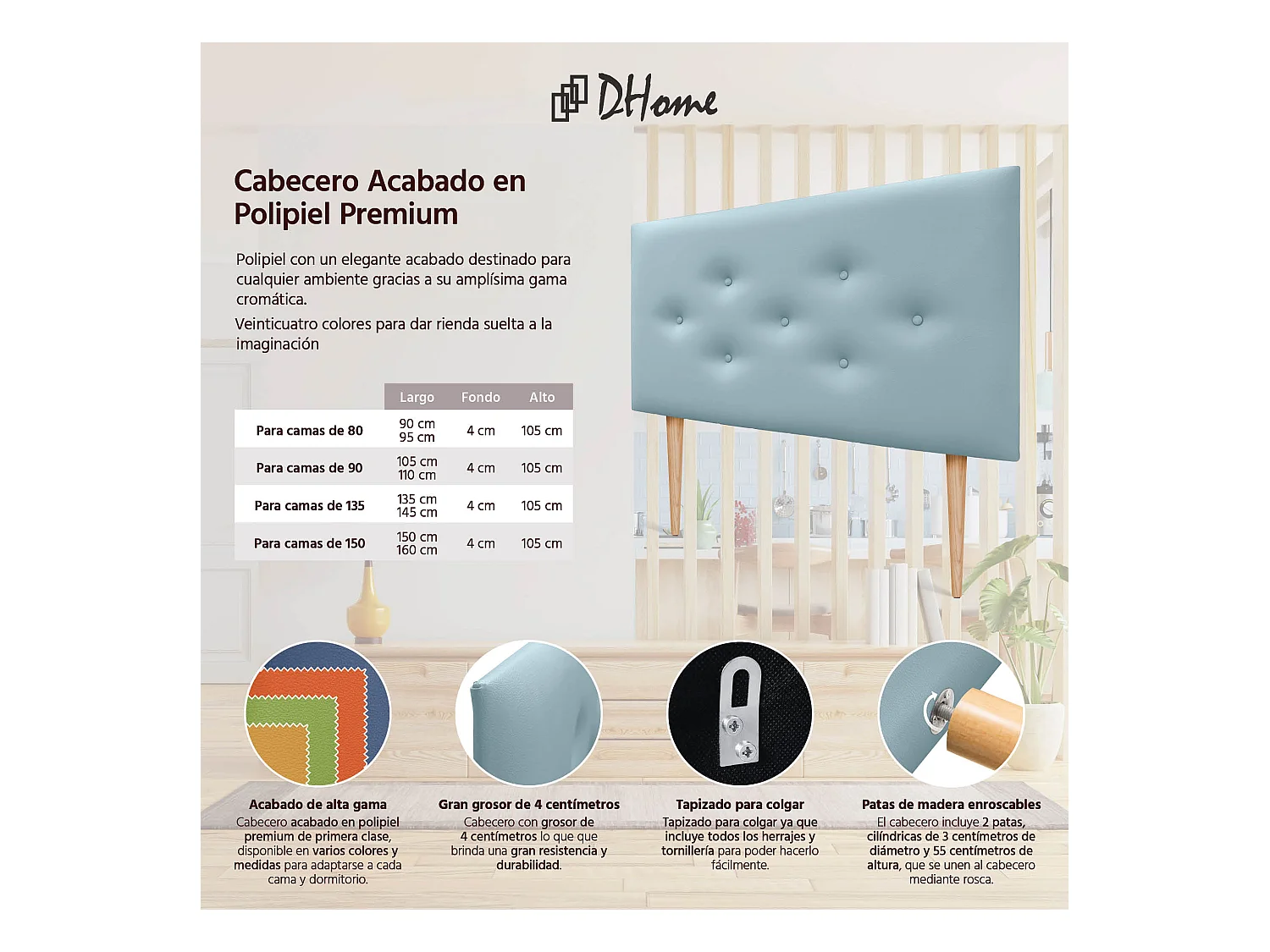 DHOME Tête de lit en simili cuir avec 3 rangées de boutons entrelacés Tête de lit rembourrée pour lit de luxe (Ciel, 105cm)