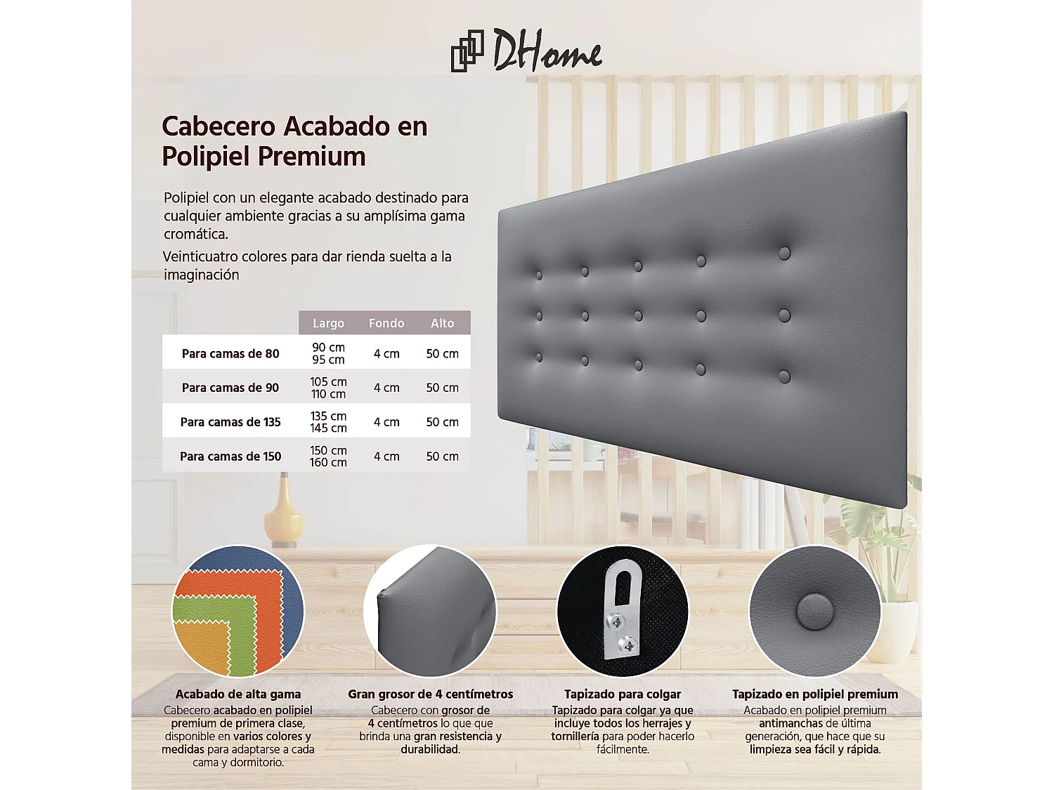 DHOME Tête de Lit en Similicuir avec 3 Rangées de Boutons Tête de Lit Rembourrée de Luxe (Gris, 95cm)