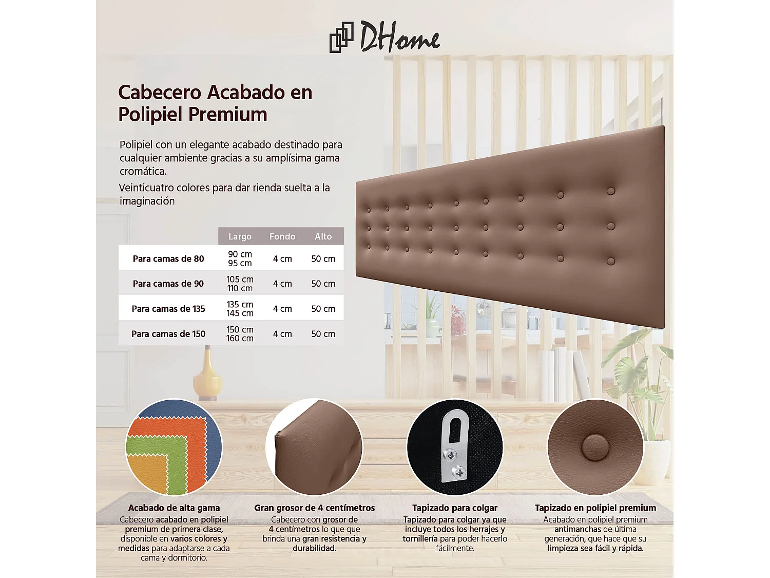 DHOME Testiera in Ecopelle con 3 File di Bottoni Testiera Imbottita Letto di Lusso (Beige, 145cm)