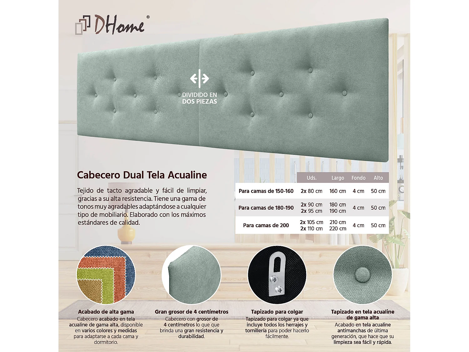 DHOME Tête de Lit en Tissu ACUALINE avec 3 Rangées Entrelacées de Boutons Tête de Lit Capitonnée de Luxe(Vert d’eau, 210cm (2 pièces))