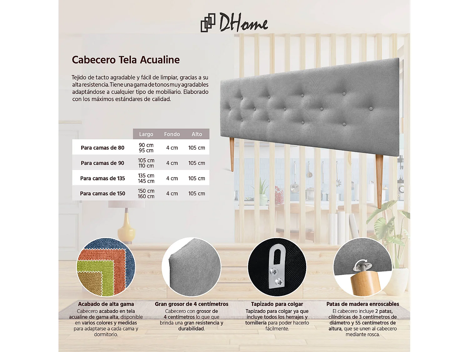 DHOME Tête de Lit en Tissu ACUALINE avec 3 Rangées Entrelacées de Boutons et Pieds Tête de Lit Capitonnée de Luxe(Gris, 160cm)