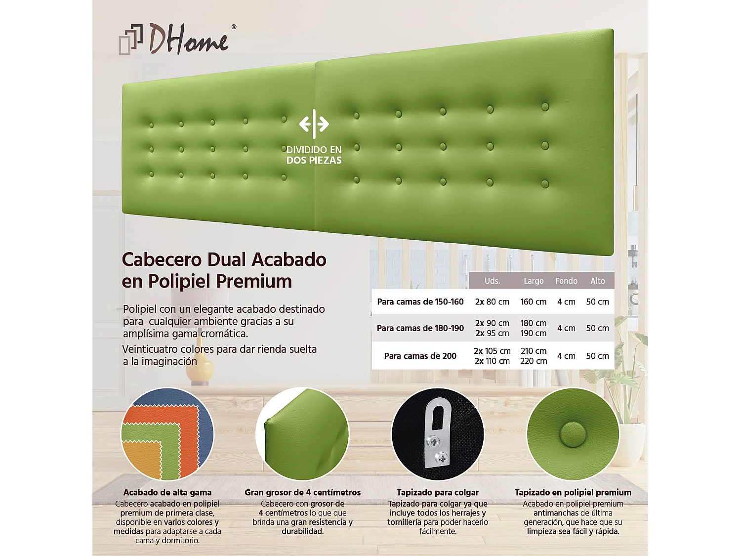 DHOME Cabeceira de Polipele com 3 Fileiras de Botões Cabeceira Estofada de Cama Luxuosa (Verde, 220cm (2 peças))