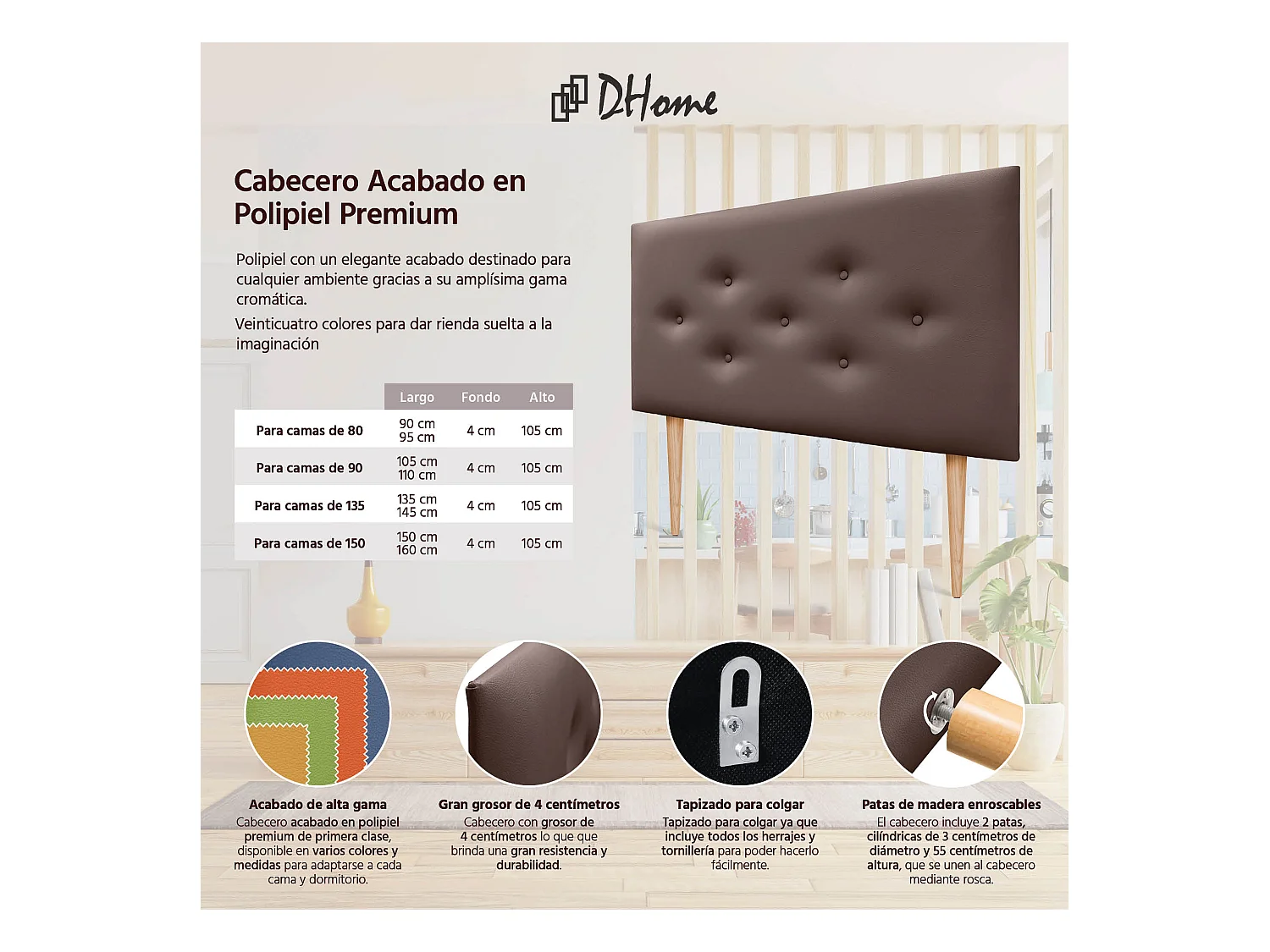 DHOME Tête de lit en simili cuir avec 3 rangées de boutons entrelacés Tête de lit rembourrée pour lit de luxe (Chocolat, 95cm)