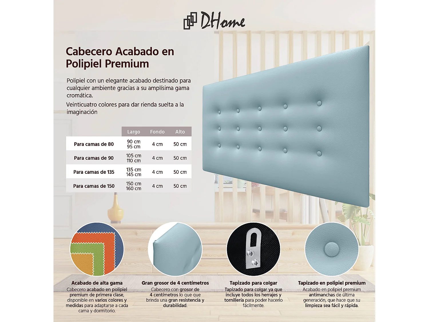 DHOME Tête de Lit en Similicuir avec 3 Rangées de Boutons Tête de Lit Rembourrée de Luxe (Bleu Ciel, 95cm)