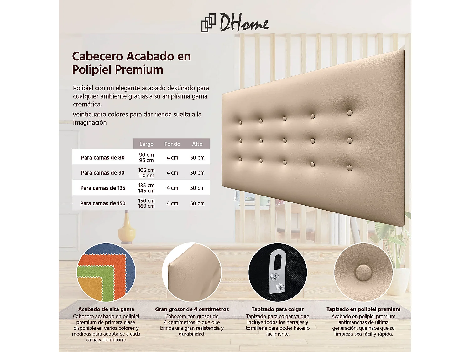 DHOME Tête de Lit en Similicuir avec 3 Rangées de Boutons Tête de Lit Rembourrée de Luxe (Champagne, 110cm)