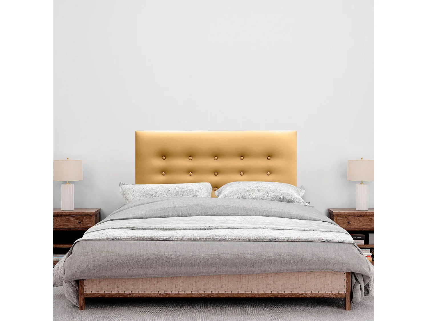 DHOME Tête de lit en simili cuir avec 3 rangées de boutons Tête de lit rembourrée pour lit de luxe (Doré, 90cm)