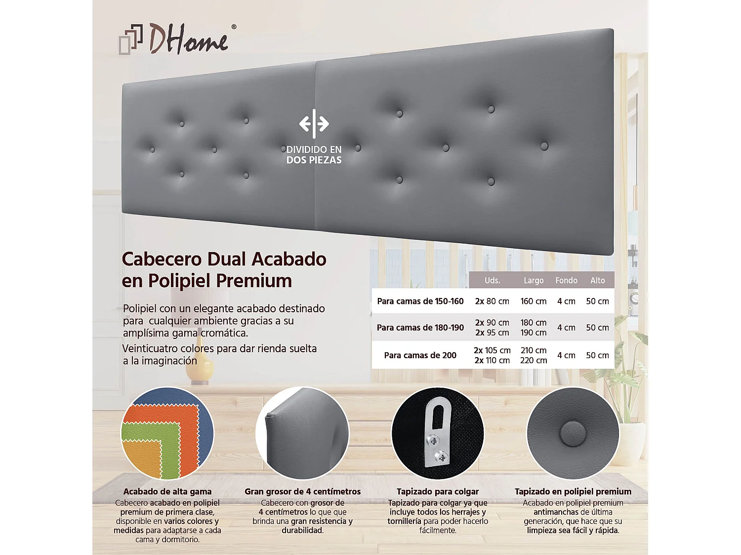 DHOME Tête de Lit en Similicuir avec 3 Rangées de Boutons Entrelacées Tête de Lit Rembourrée de Luxe (Gris, 180cm (2 pièces))