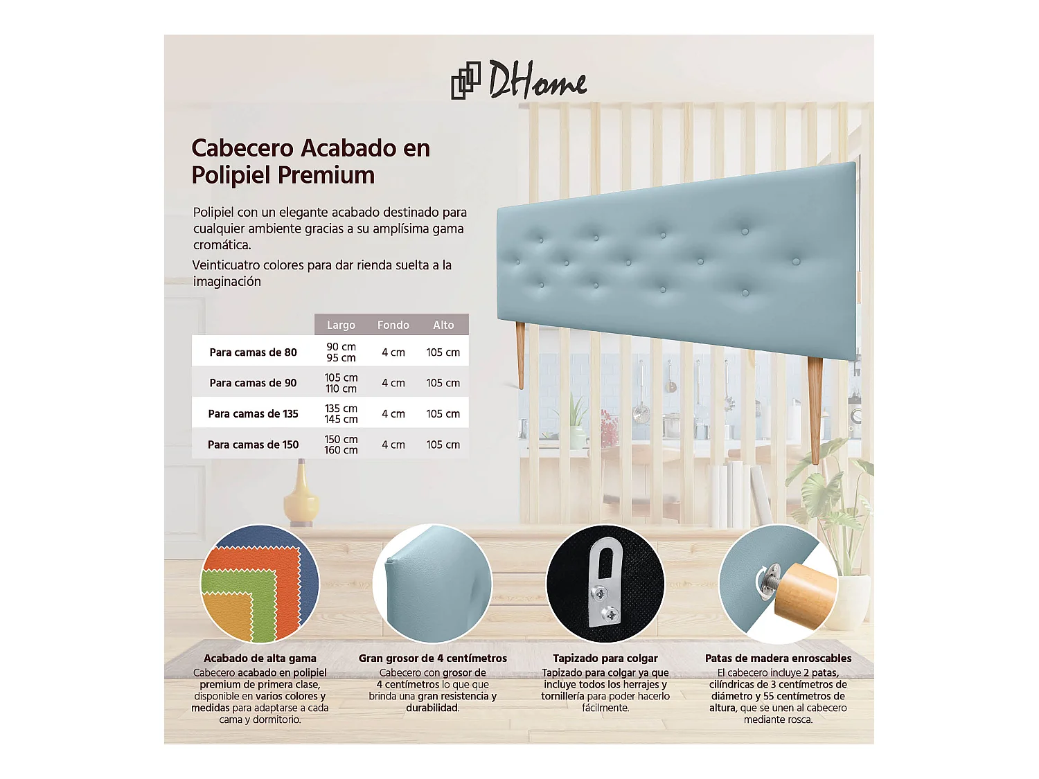 DHOME Tête de lit en simili cuir avec 3 rangées de boutons entrelacés Tête de lit rembourrée pour lit de luxe (Ciel, 135cm)