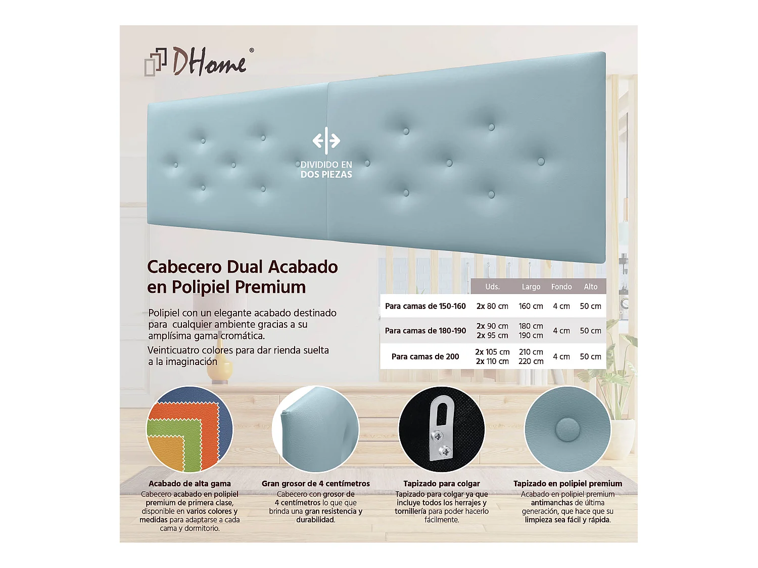 DHOME Tête de Lit en Similicuir avec 3 Rangées de Boutons Entrelacées Tête de Lit Rembourrée de Luxe (Bleu Ciel, 220cm (2 pièces))