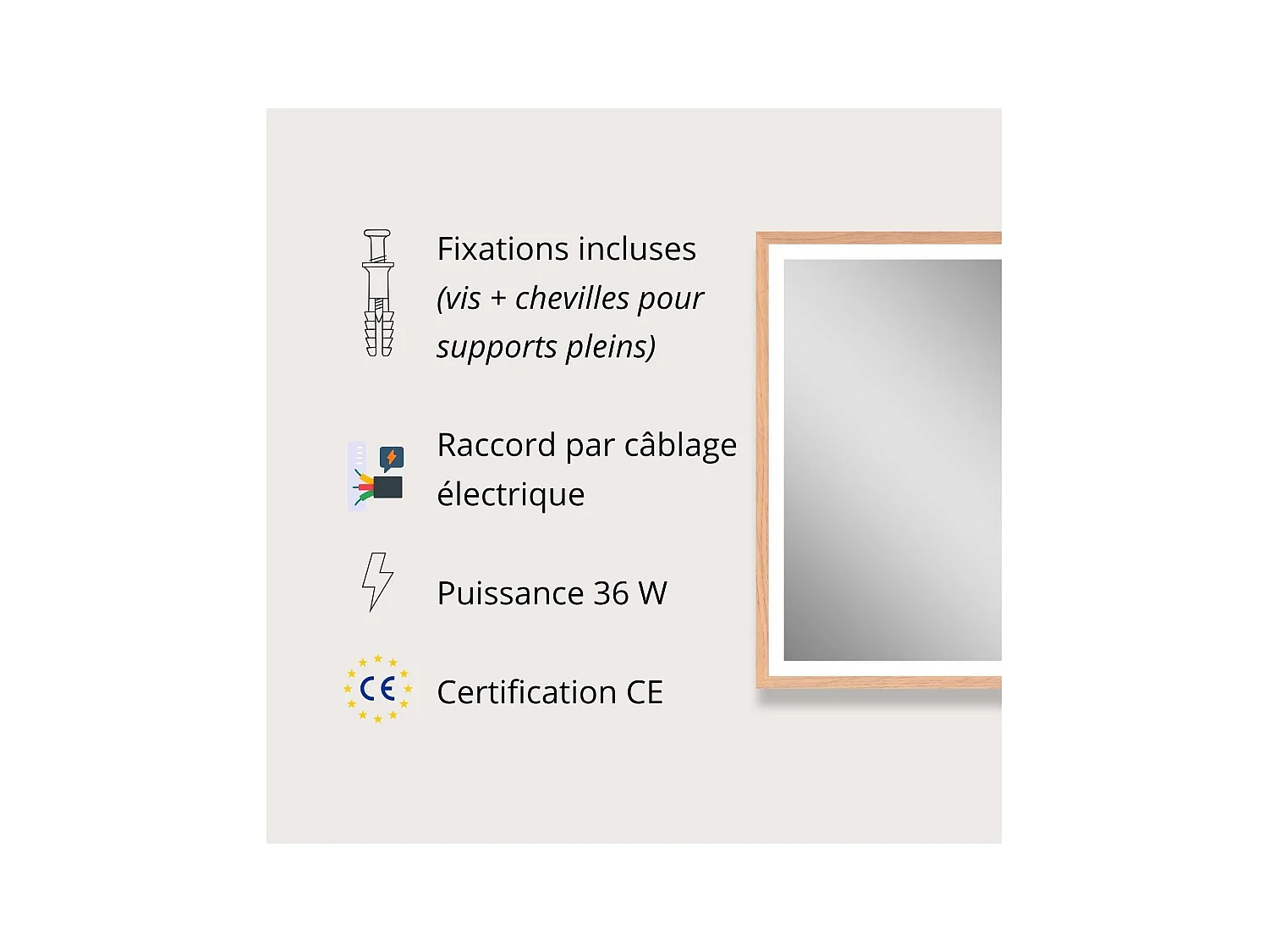 Miroir LED rectangulaire 75x60cm avec cadre en bois