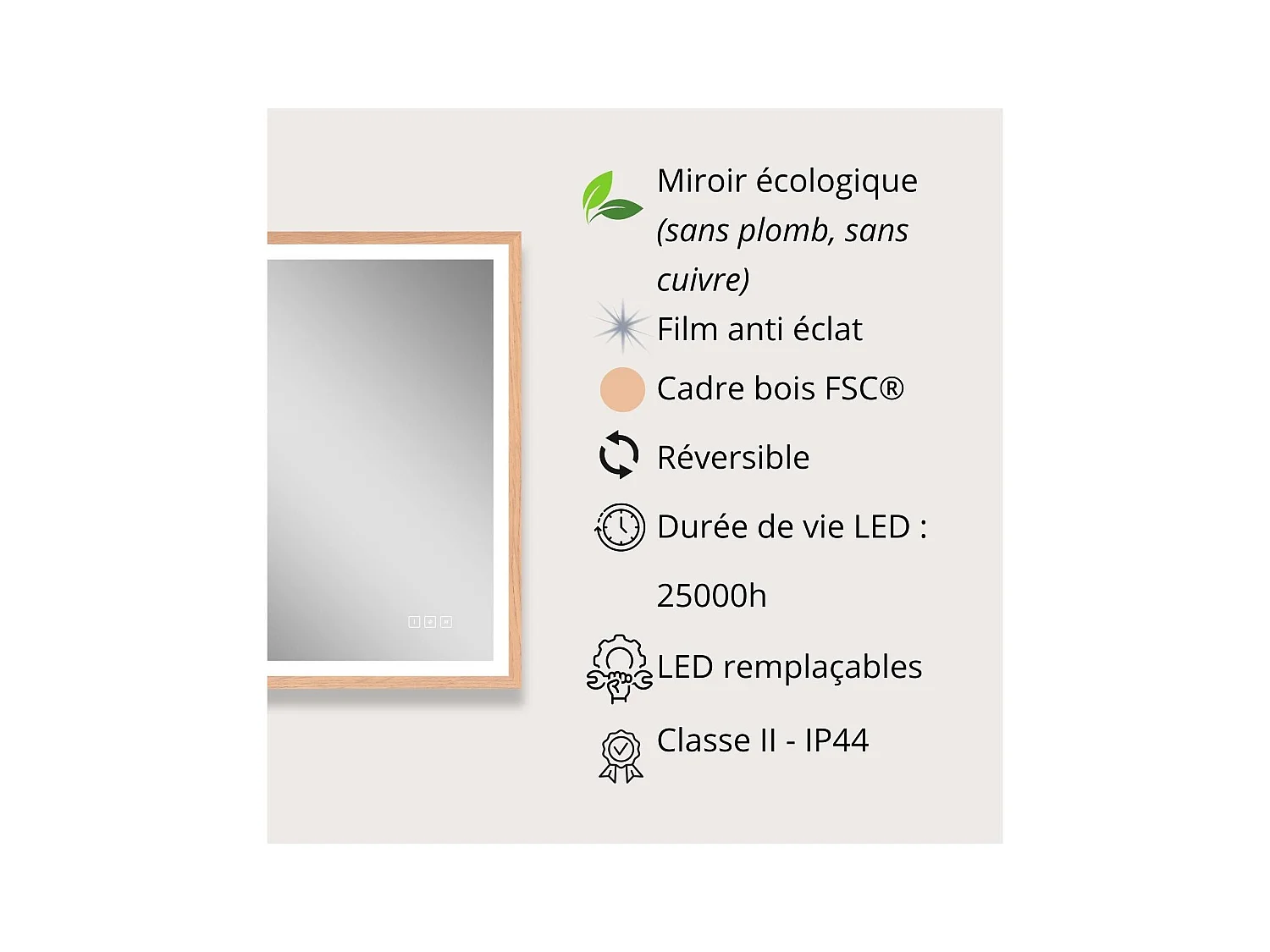 Miroir LED rectangulaire 75x60cm avec cadre en bois