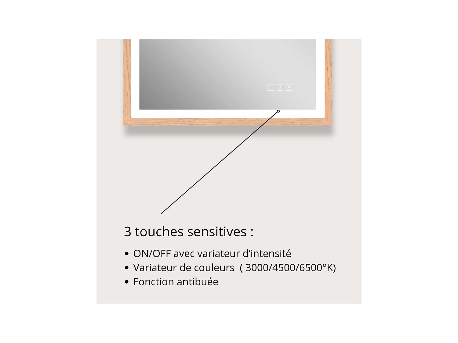 Miroir LED rectangulaire 75x60cm avec cadre en bois