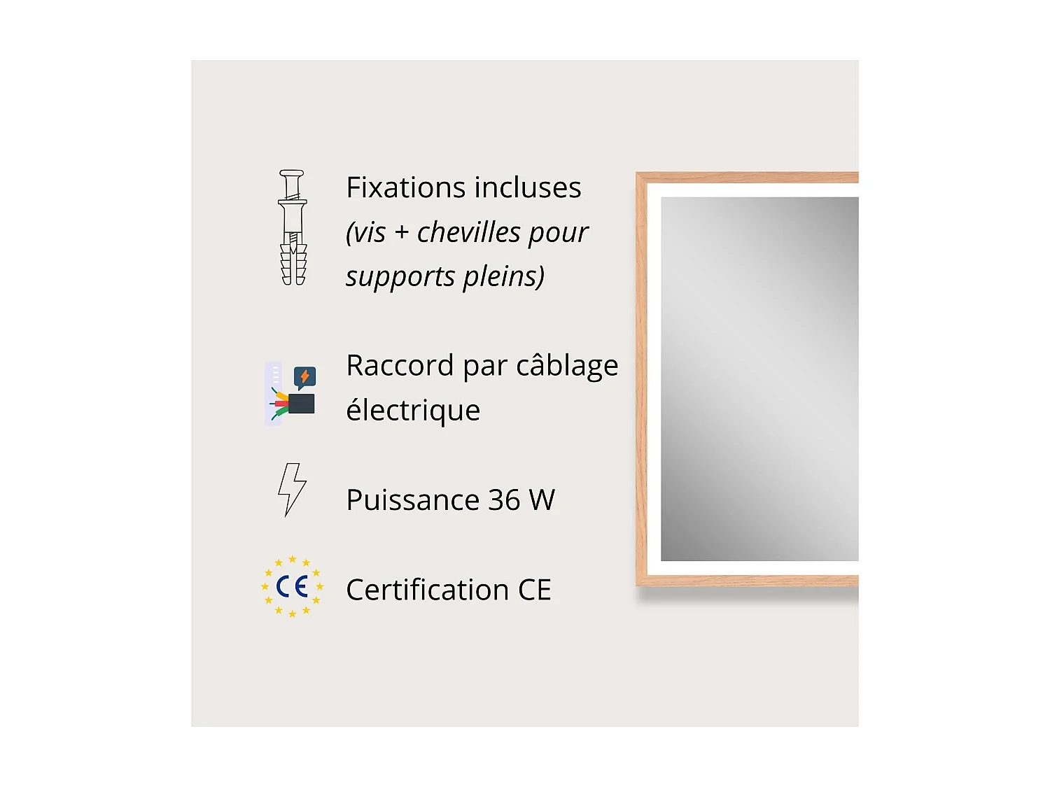Specchio rettangolare LED 75x60cm con cornice in legno GLIMMA