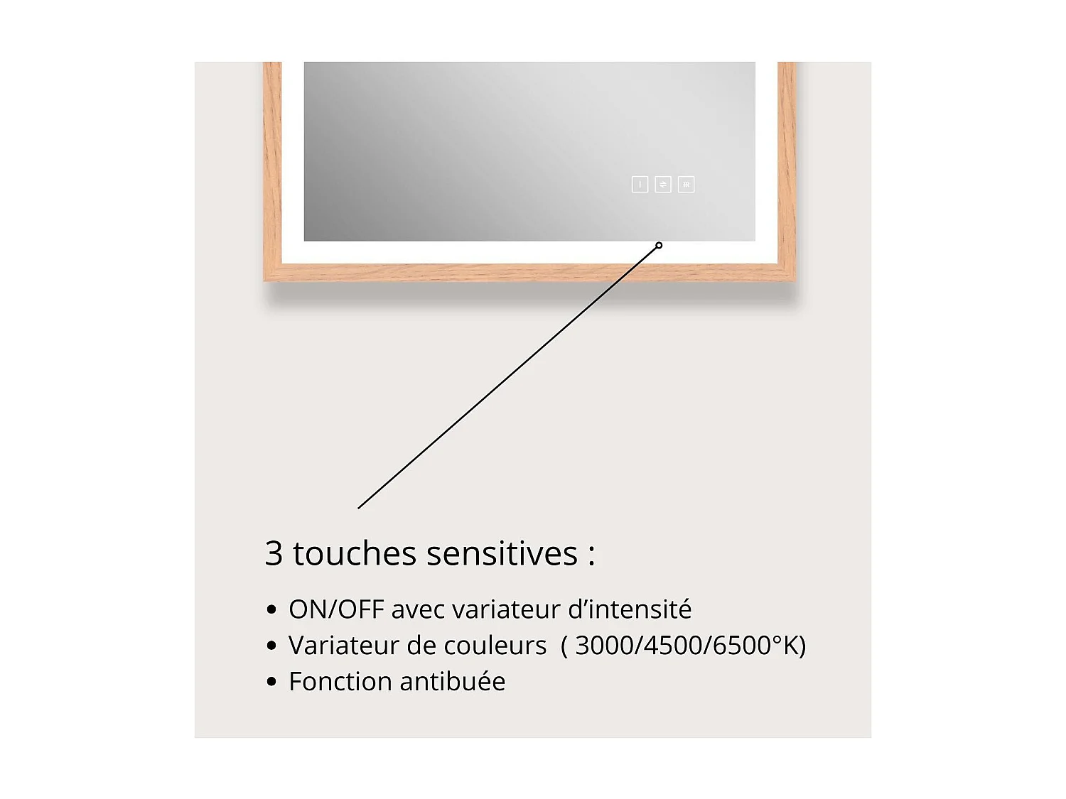 Specchio rettangolare LED 75x60cm con cornice in legno GLIMMA