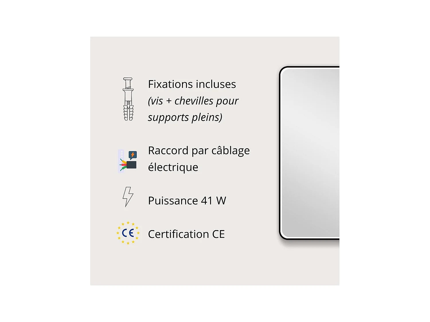 Rechteckiger LED-Spiegel 90x40cm mit schwarzem Aluminiumrahmen NEBIA