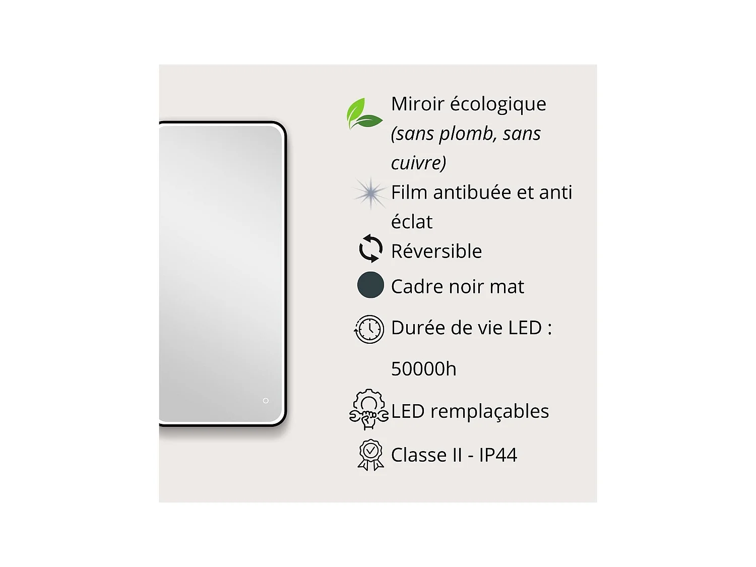 Rechteckiger LED-Spiegel 90x40cm mit schwarzem Aluminiumrahmen NEBIA