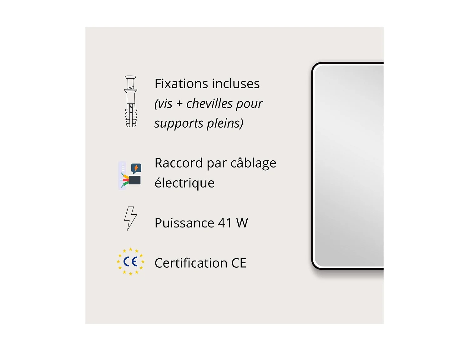 Rechthoekige LED-spiegel 90x40cm met zwart aluminium frame NEBIA