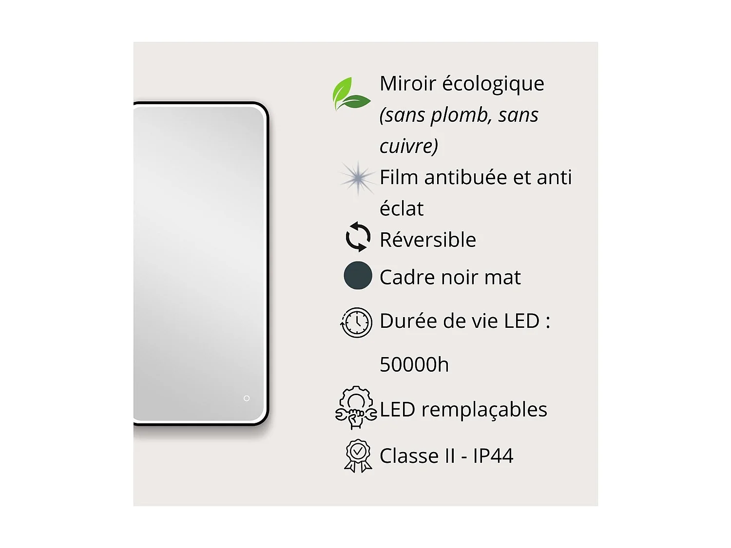 Rechthoekige LED-spiegel 90x40cm met zwart aluminium frame NEBIA
