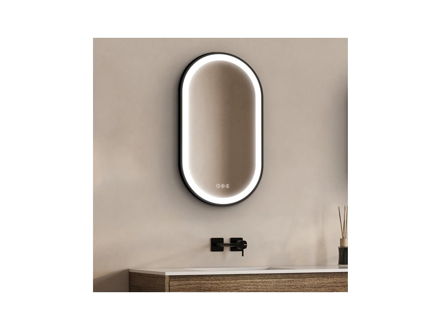 Ovaler LED-Spiegel 90x50cm mit schwarzem Aluminiumrahmen LYSEA