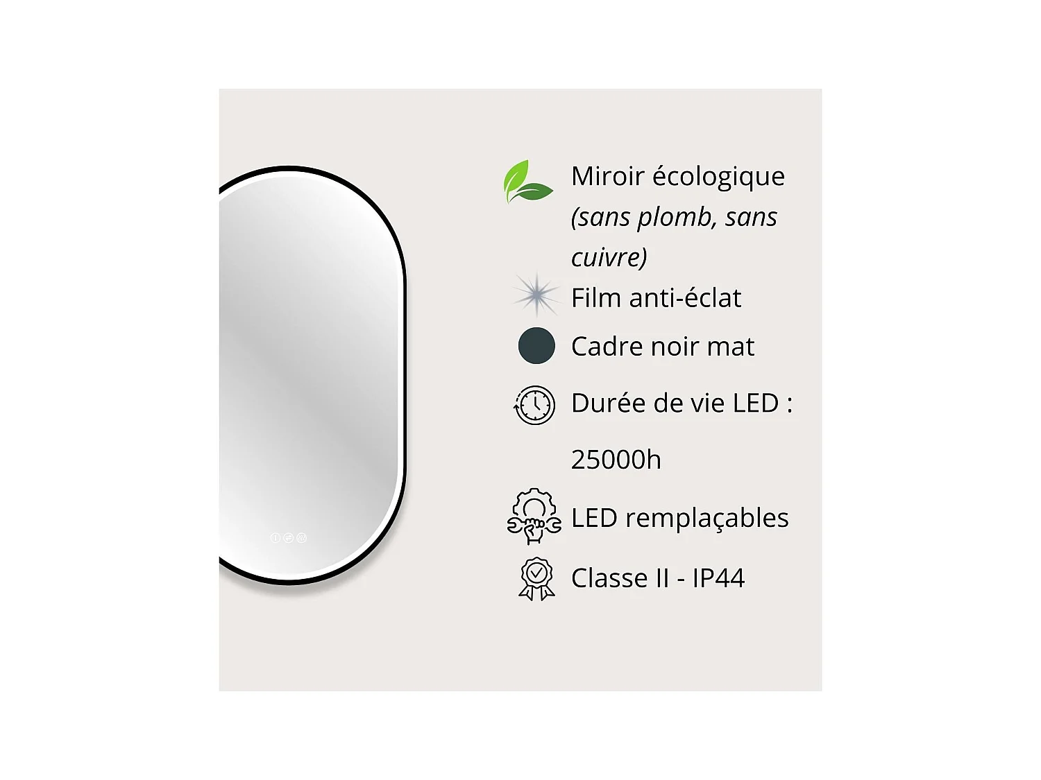 Ovaler LED-Spiegel 90x50cm mit schwarzem Aluminiumrahmen LYSEA