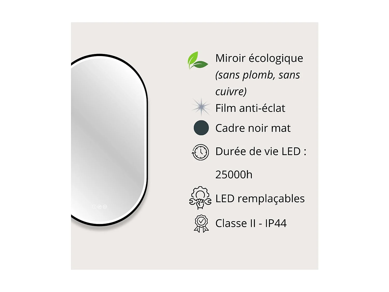 Espejo LED ovalado 90x50cm con marco de aluminio negro LYSEA