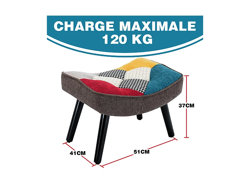 Tabouret patchwork, fauteuil à oreilles, fauteuil à bascule, tabouret décoratif