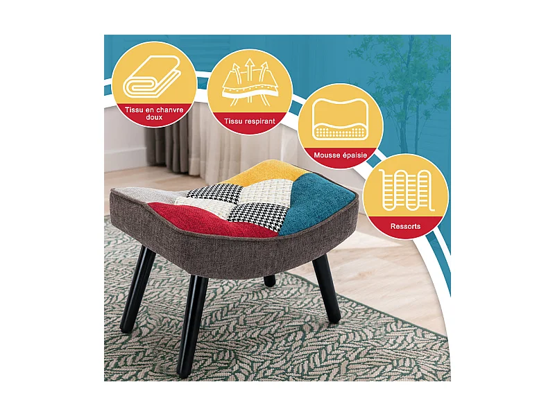 Tabouret patchwork, fauteuil à oreilles, fauteuil à bascule, tabouret décoratif