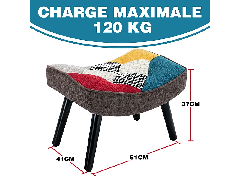 Tabouret patchwork, fauteuil à oreilles, fauteuil à bascule, tabouret décoratif