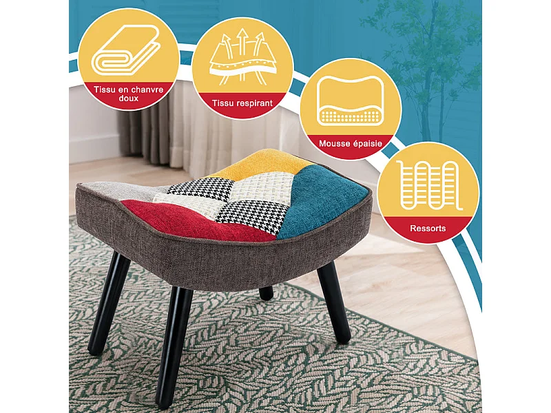 Tabouret patchwork, fauteuil à oreilles, fauteuil à bascule, tabouret décoratif