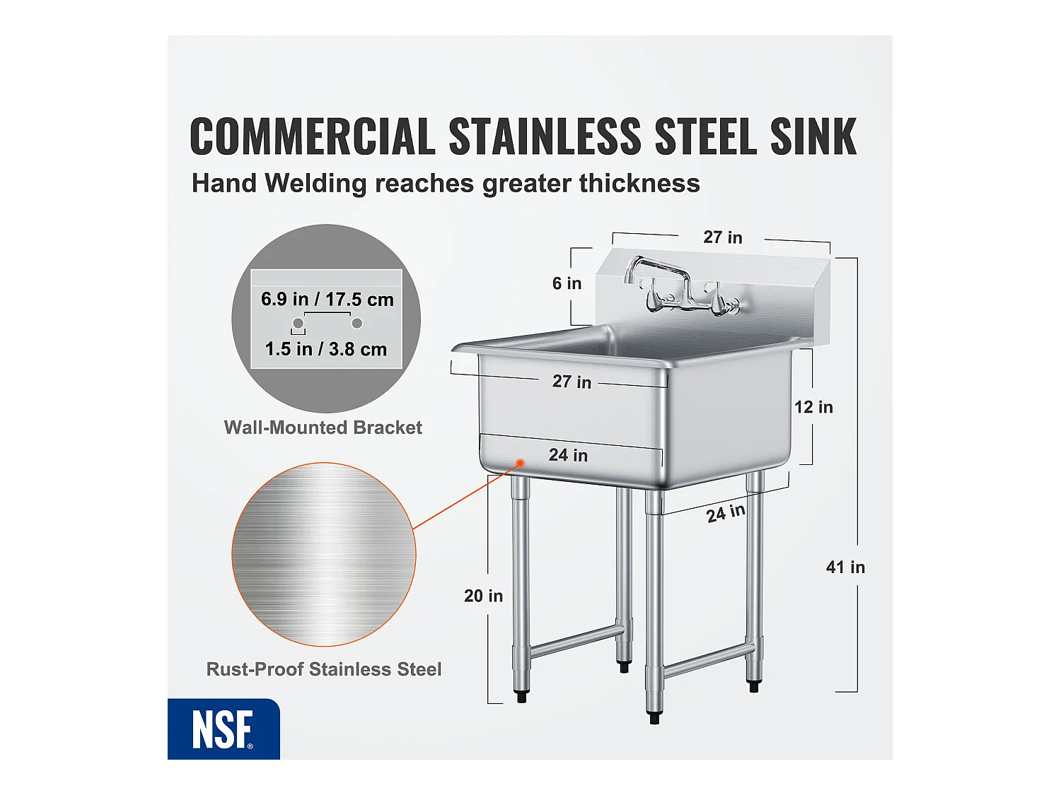 Évier Utilitaire, SucceBuy Évier de Cuisine et de Préparation Commercial à 1 Compartiment avec Dosseret en Acier Inoxydable