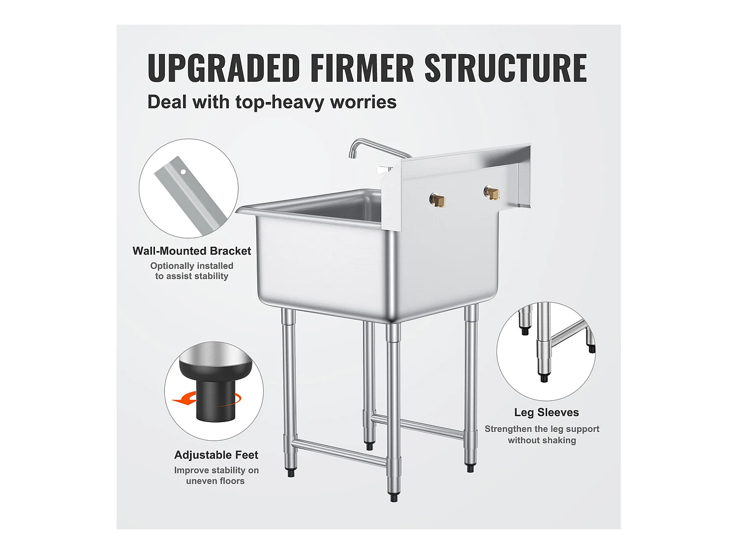 Évier Utilitaire, SucceBuy Évier de Cuisine et de Préparation Commercial à 1 Compartiment avec Dosseret en Acier Inoxydable