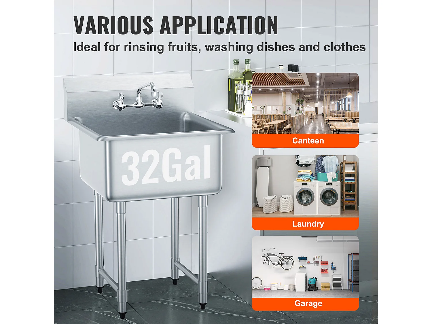 Évier Utilitaire, SucceBuy Évier de Cuisine et de Préparation Commercial à 1 Compartiment avec Dosseret en Acier Inoxydable