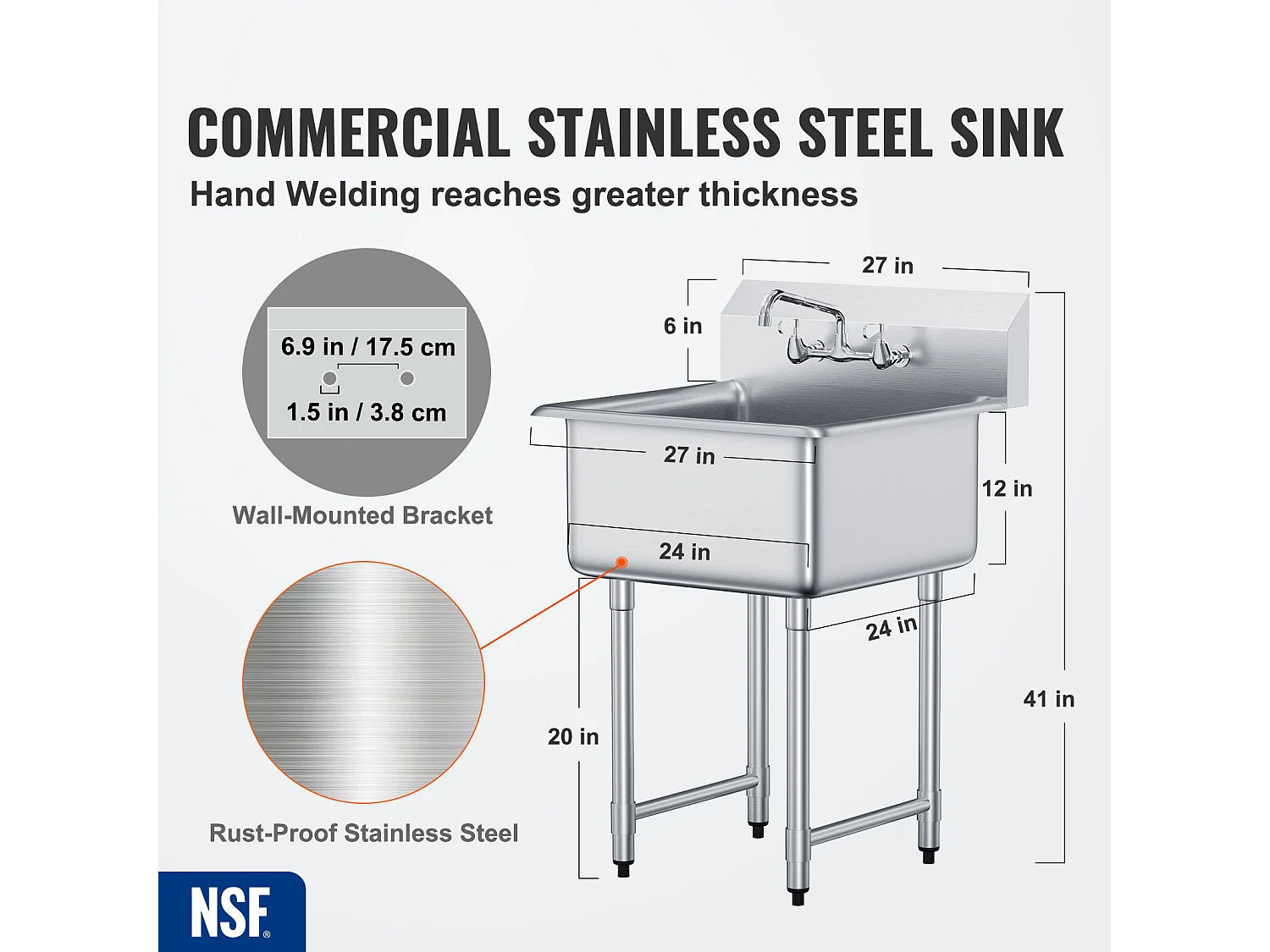 Évier Utilitaire, SucceBuy Évier de Cuisine et de Préparation Commercial à 1 Compartiment avec Dosseret en Acier Inoxydable