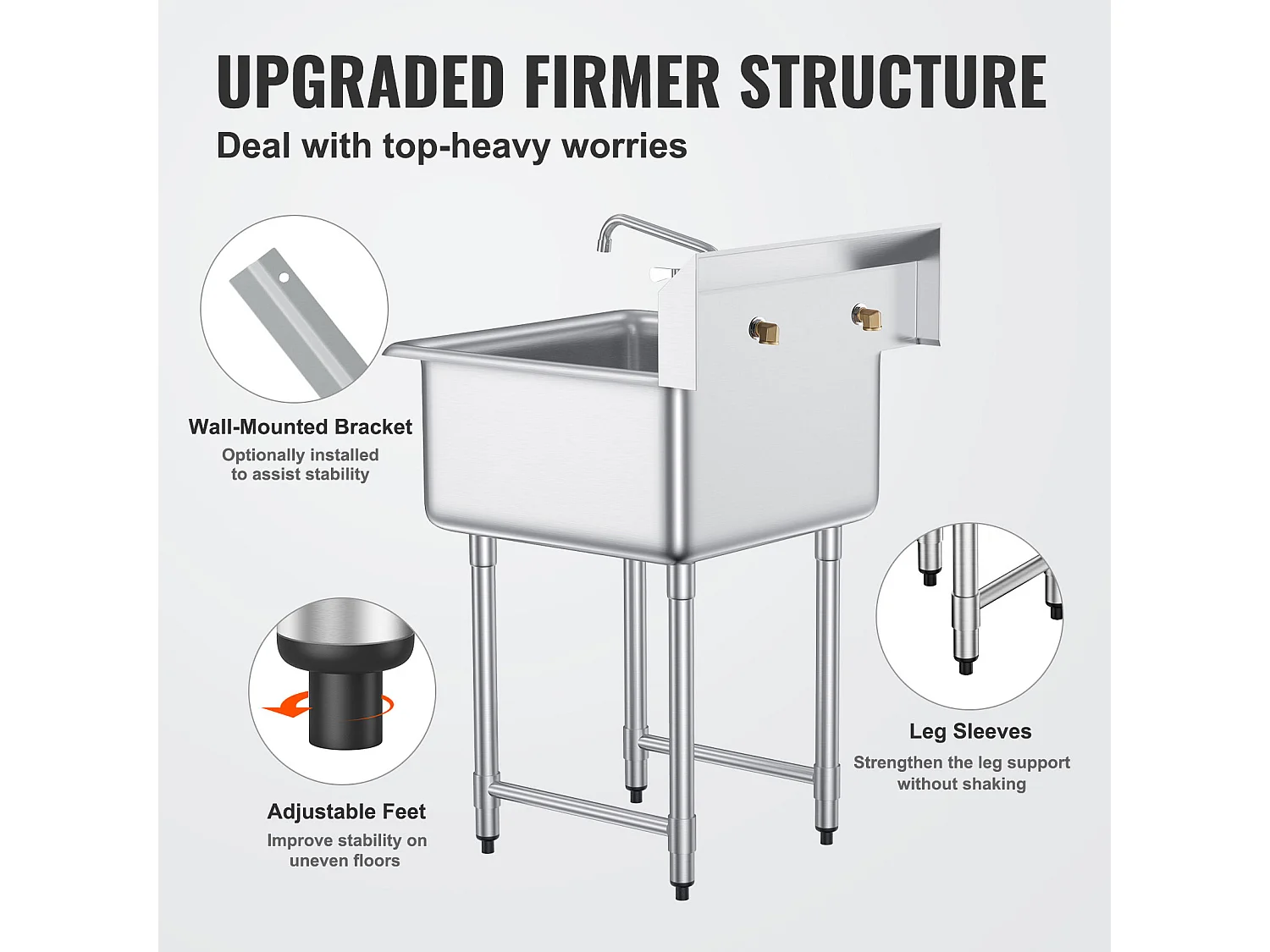 Évier Utilitaire, SucceBuy Évier de Cuisine et de Préparation Commercial à 1 Compartiment avec Dosseret en Acier Inoxydable