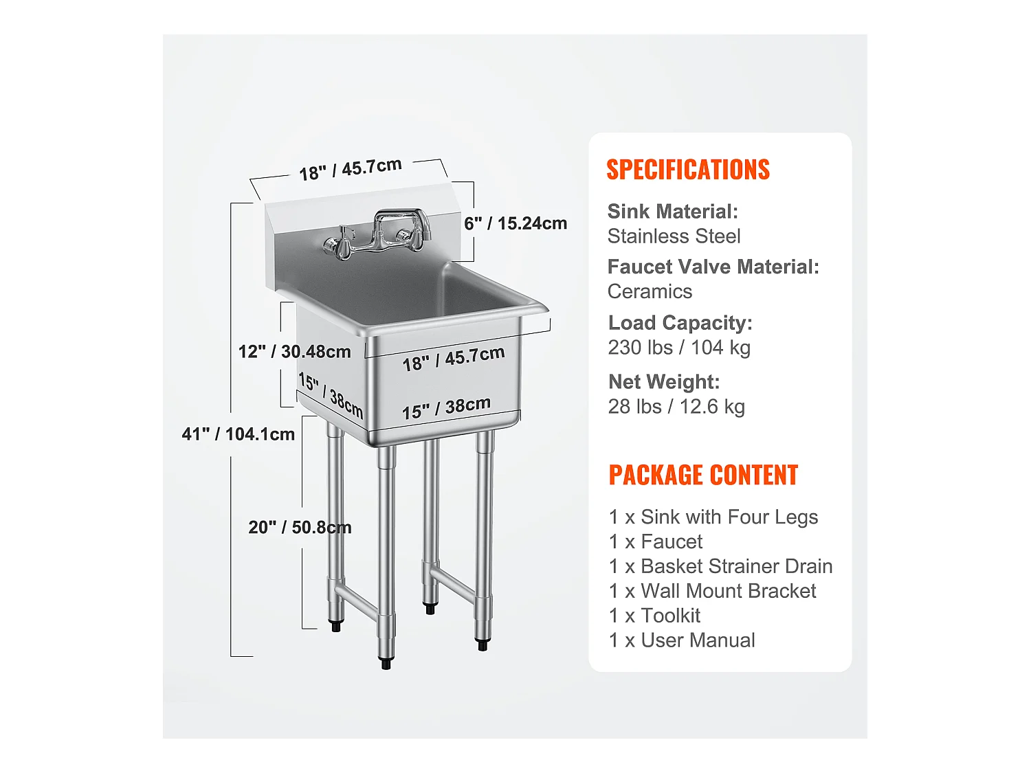 Évier Utilitaire, SucceBuy Évier Utilitaire et de Préparation 45.7x104.1CM 1 Compartiment avec Dosseret en Acier Inoxydable