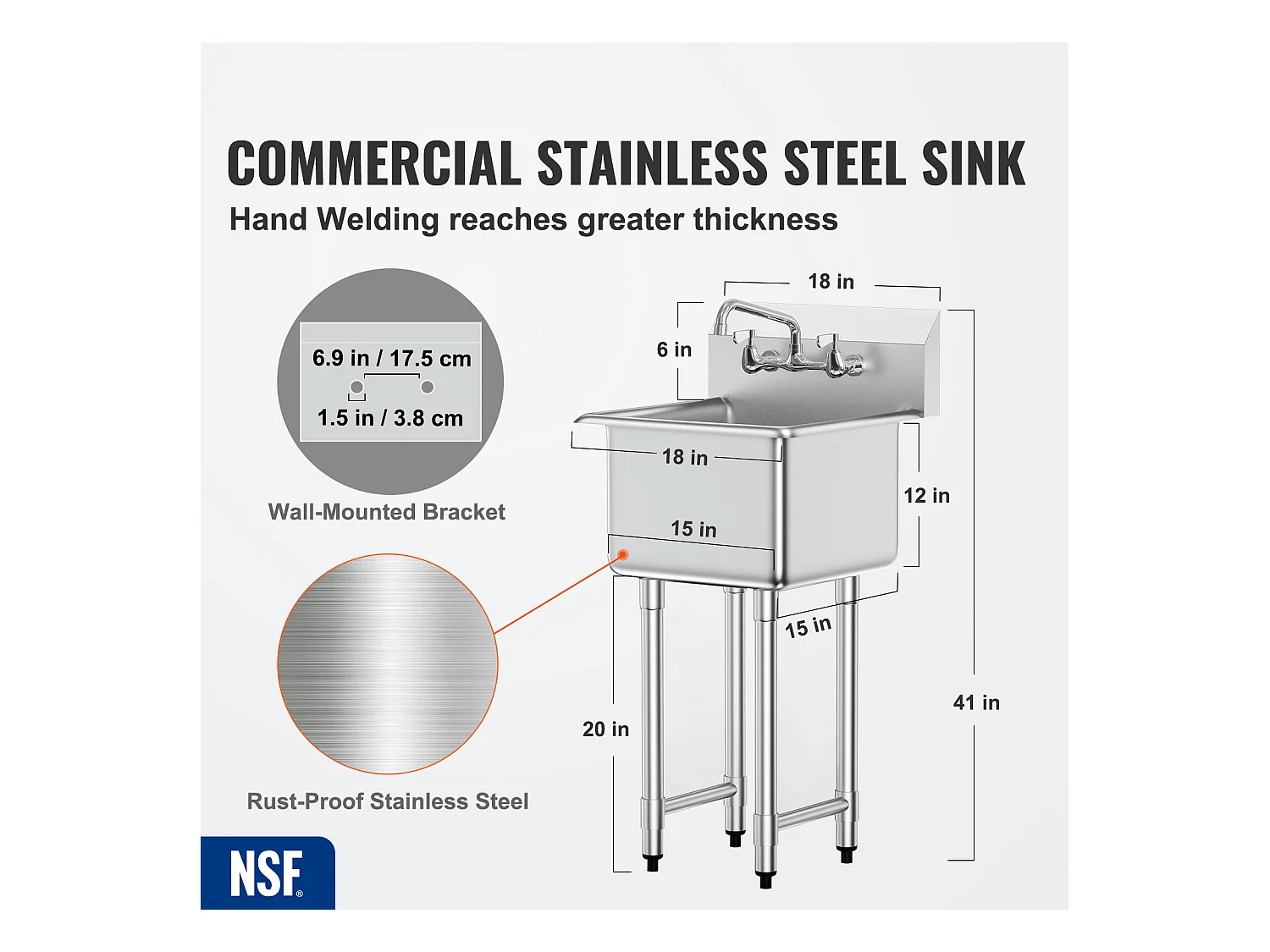 Évier Utilitaire, SucceBuy Évier Utilitaire et de Préparation 45.7x104.1CM 1 Compartiment avec Dosseret en Acier Inoxydable