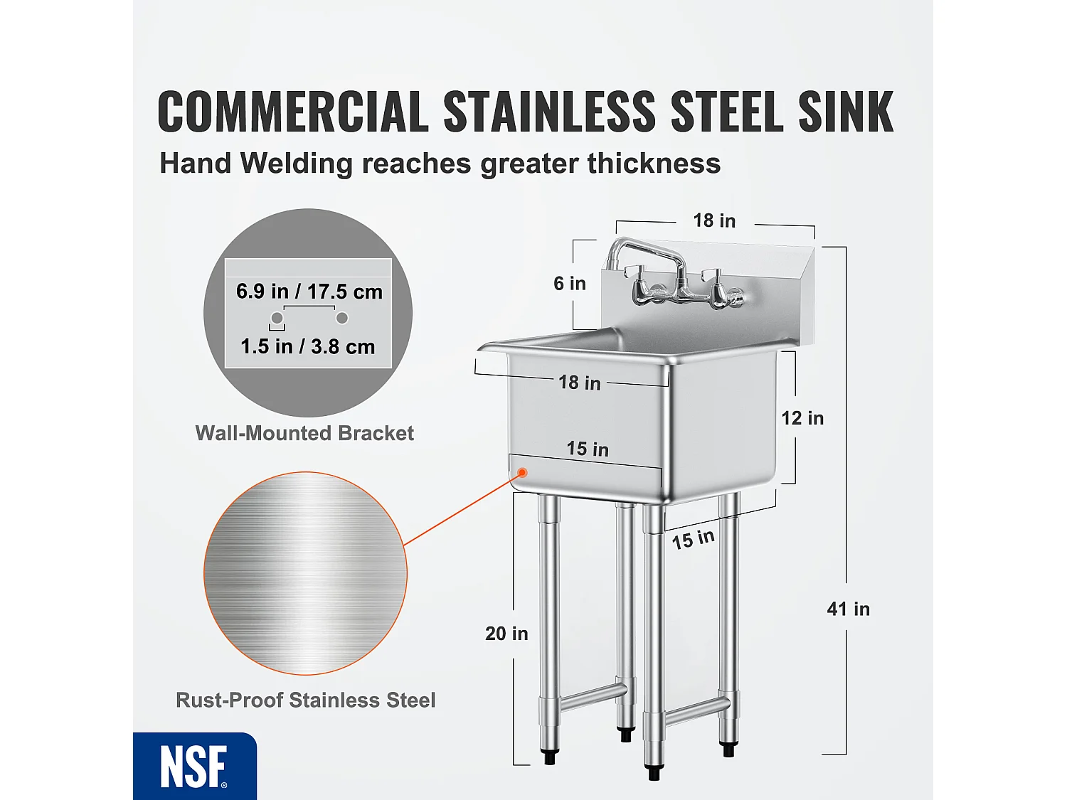 Évier Utilitaire, SucceBuy Évier Utilitaire et de Préparation 45.7x104.1CM 1 Compartiment avec Dosseret en Acier Inoxydable