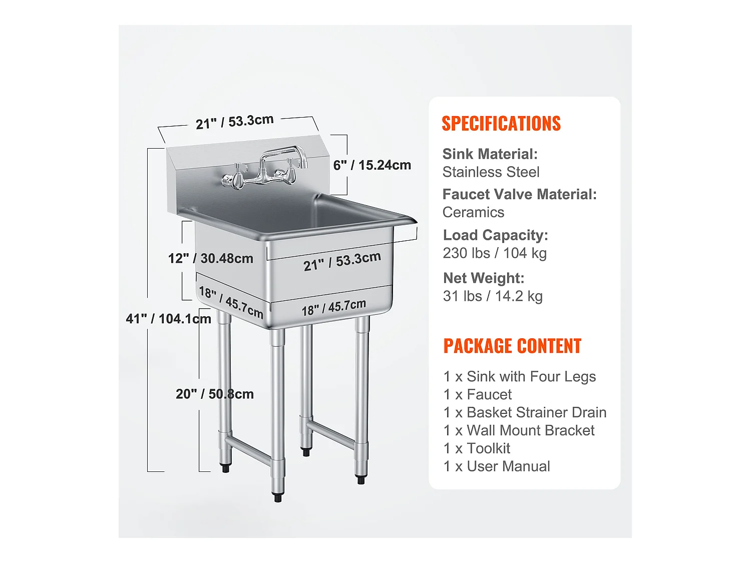 Évier Utilitaire, SucceBuy Évier Utilitaire et de Préparation 53.3x104.1CM 1 Compartiment avec Dosseret en Acier Inoxydable