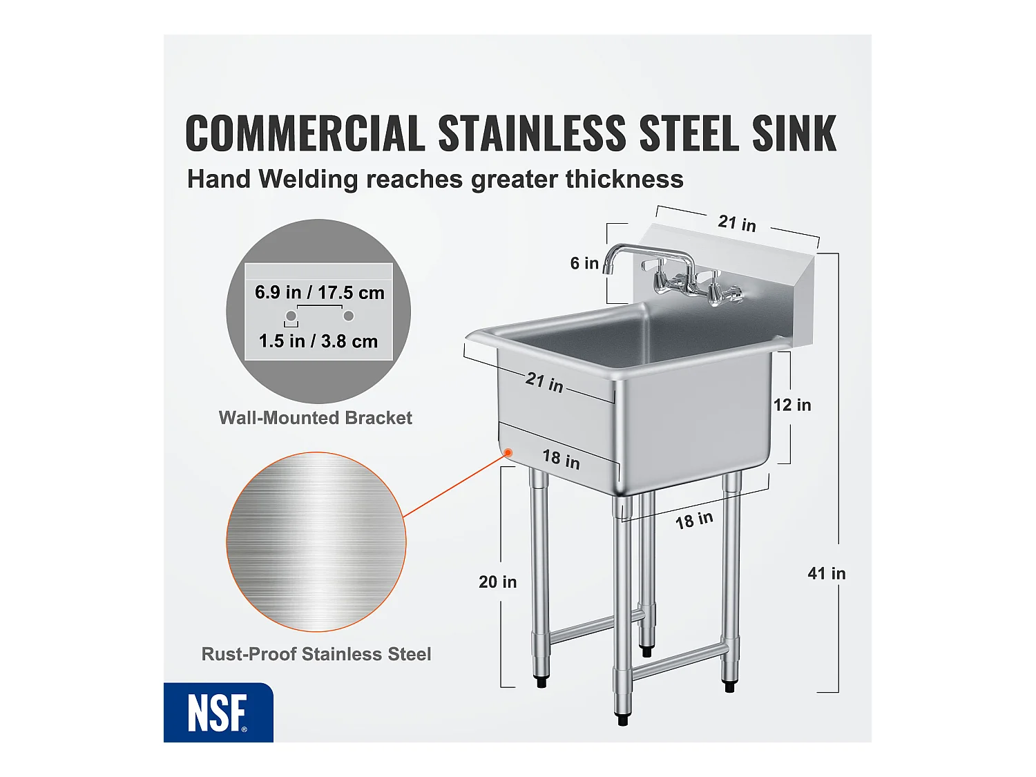 Évier Utilitaire, SucceBuy Évier Utilitaire et de Préparation 53.3x104.1CM 1 Compartiment avec Dosseret en Acier Inoxydable