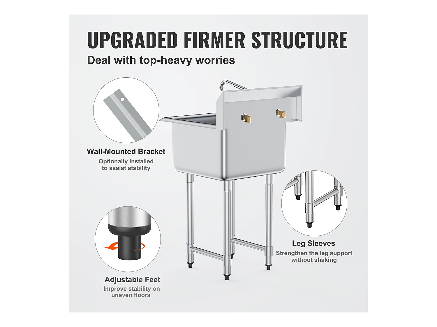 Évier Utilitaire, SucceBuy Évier Utilitaire et de Préparation 53.3x104.1CM 1 Compartiment avec Dosseret en Acier Inoxydable