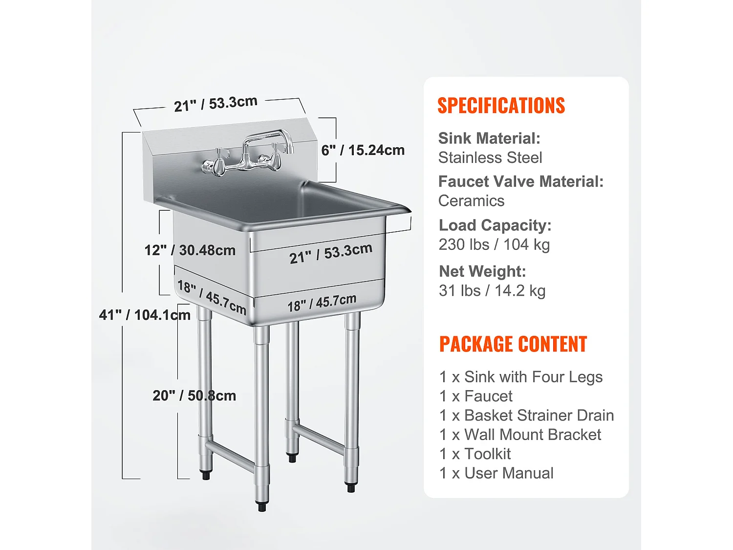 Zlew Gospodarczy, SucceBuy 53.3x104.1CM 1 Komora Zlew Gospodarczy i Przygotowawczy ze Stalowym Panelem Tylnym