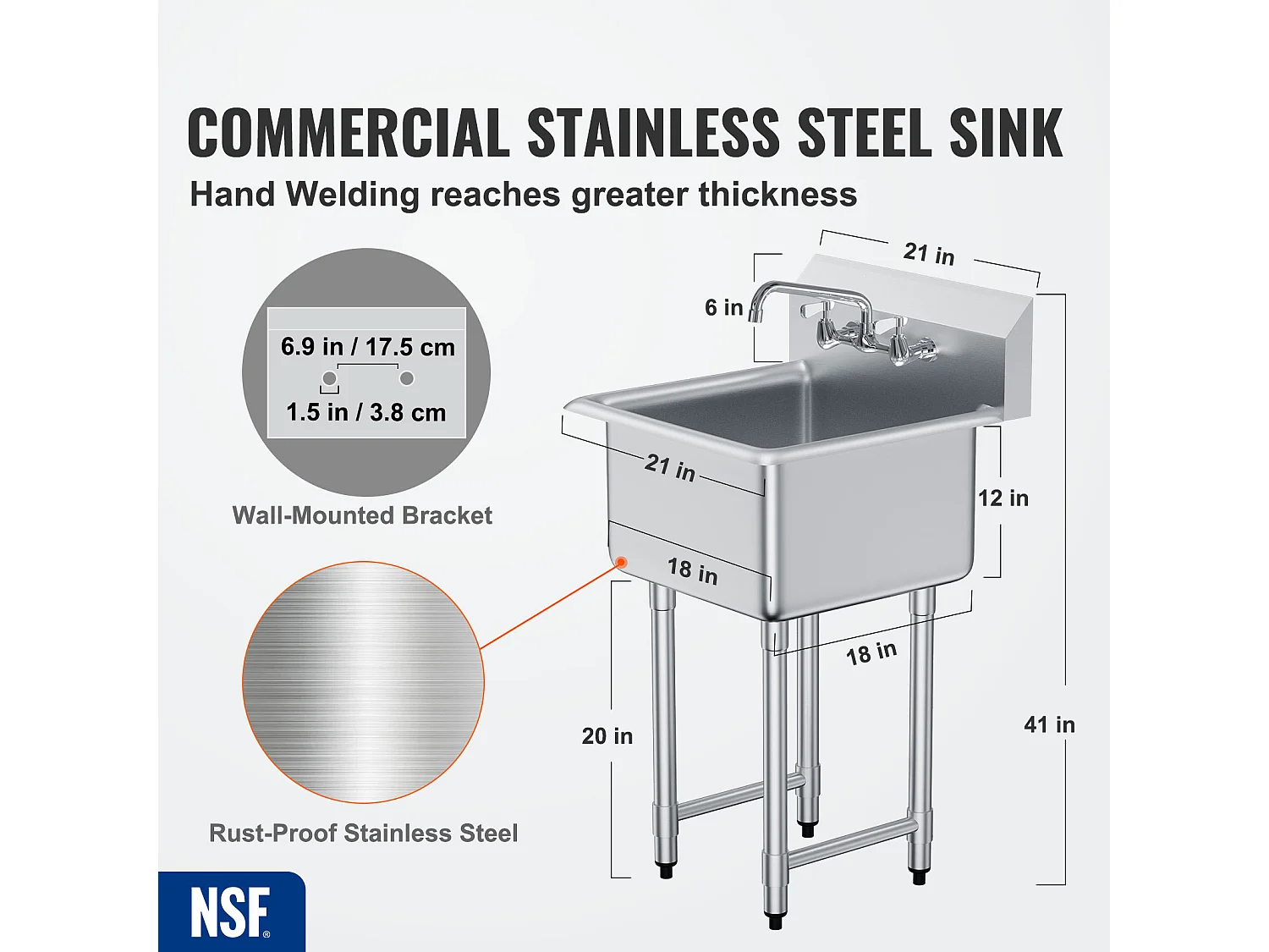 Zlew Gospodarczy, SucceBuy 53.3x104.1CM 1 Komora Zlew Gospodarczy i Przygotowawczy ze Stalowym Panelem Tylnym
