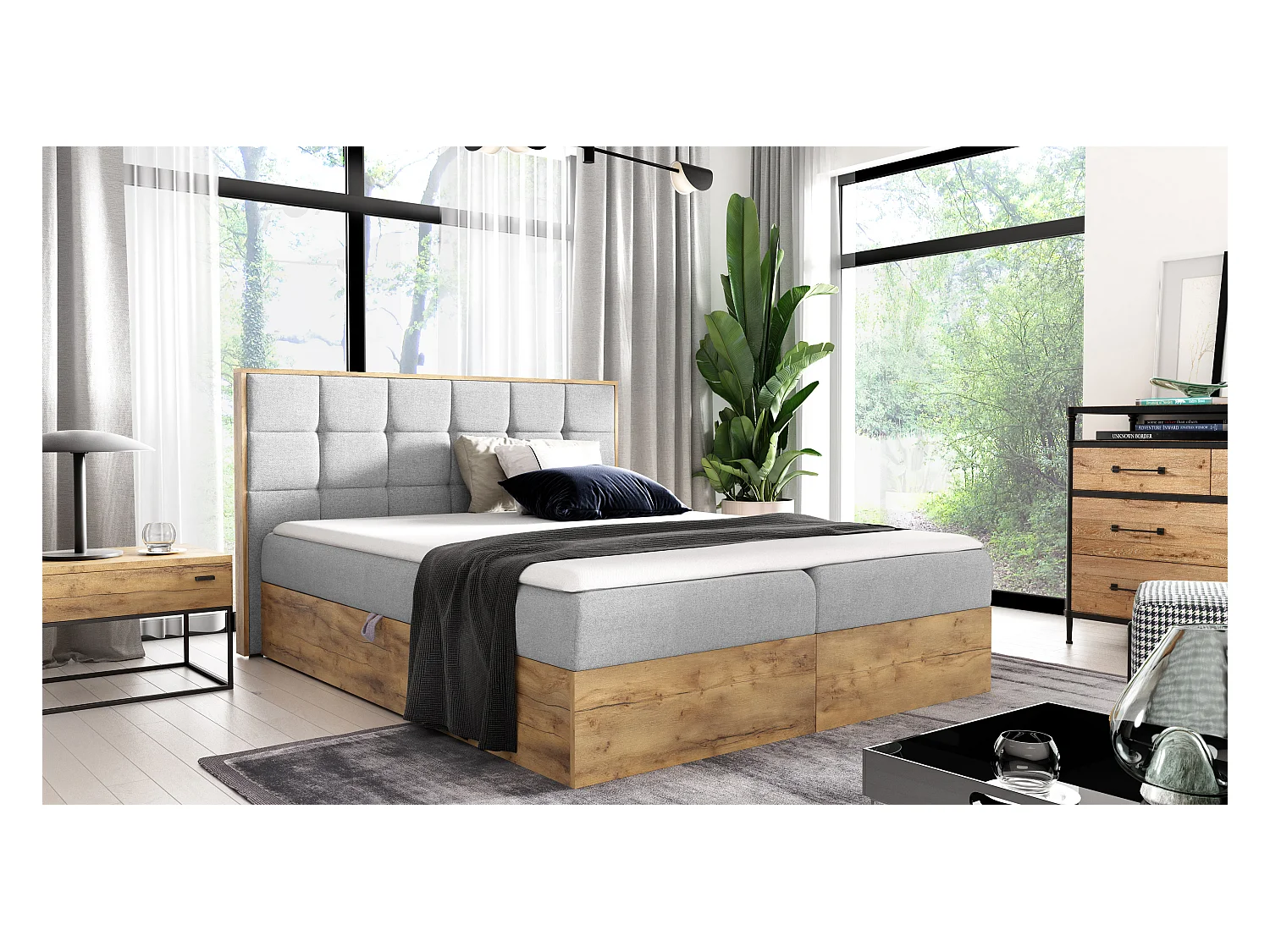 AX LIVING Boxspringbett 160x200 mit Bettkasten Vendio in Hellgrau