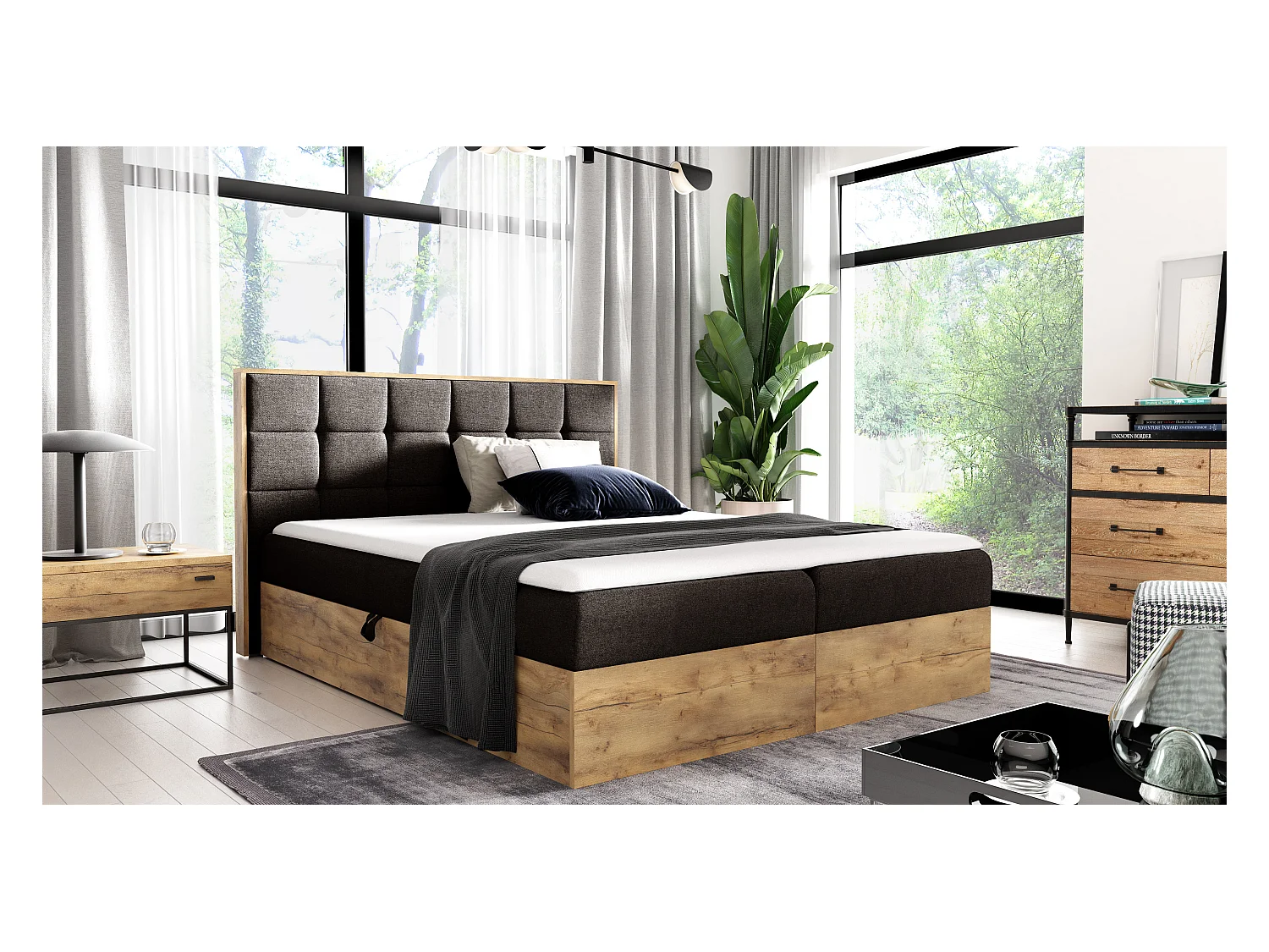 AX LIVING lit boxspring 180x200 avec coffre de rangement Vendio brun