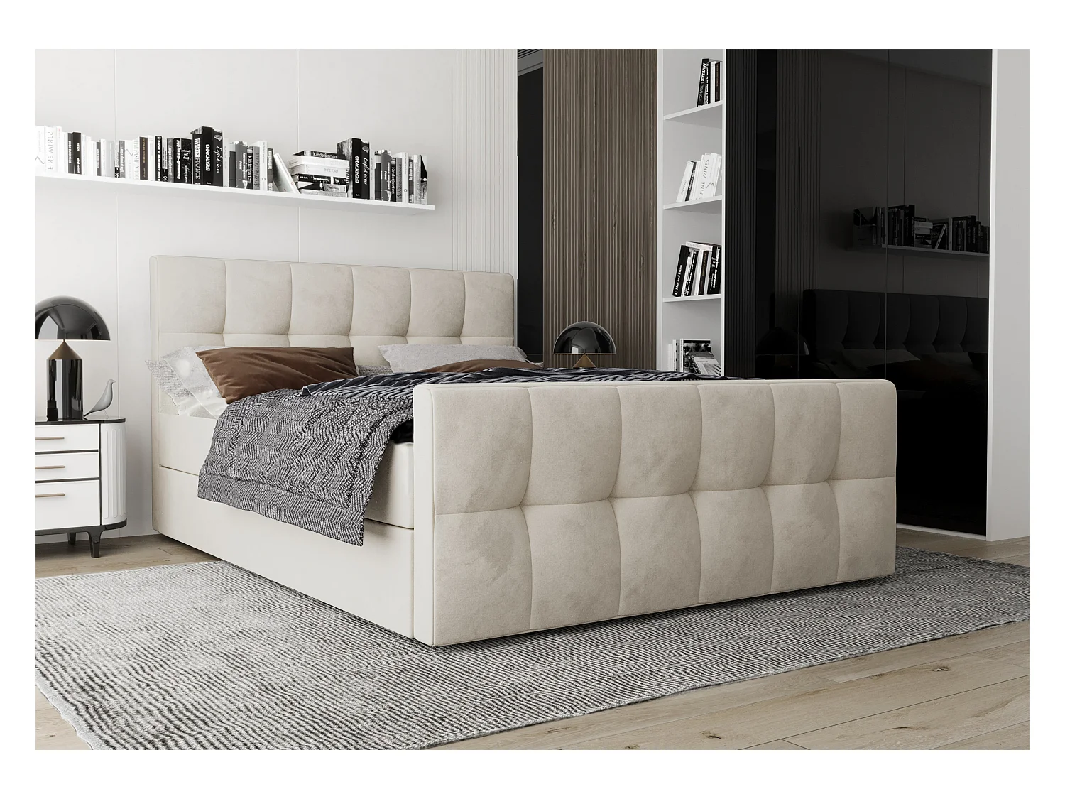 AX LIVING Boxspringbett 180x200 mit Bettkasten Settlio in Creme Stil