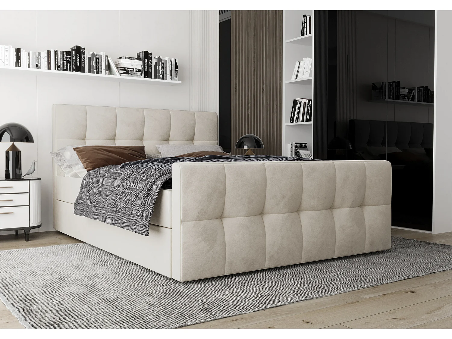AX LIVING Boxspringbett 140x200 mit Bettkasten Settlio in Creme Stil
