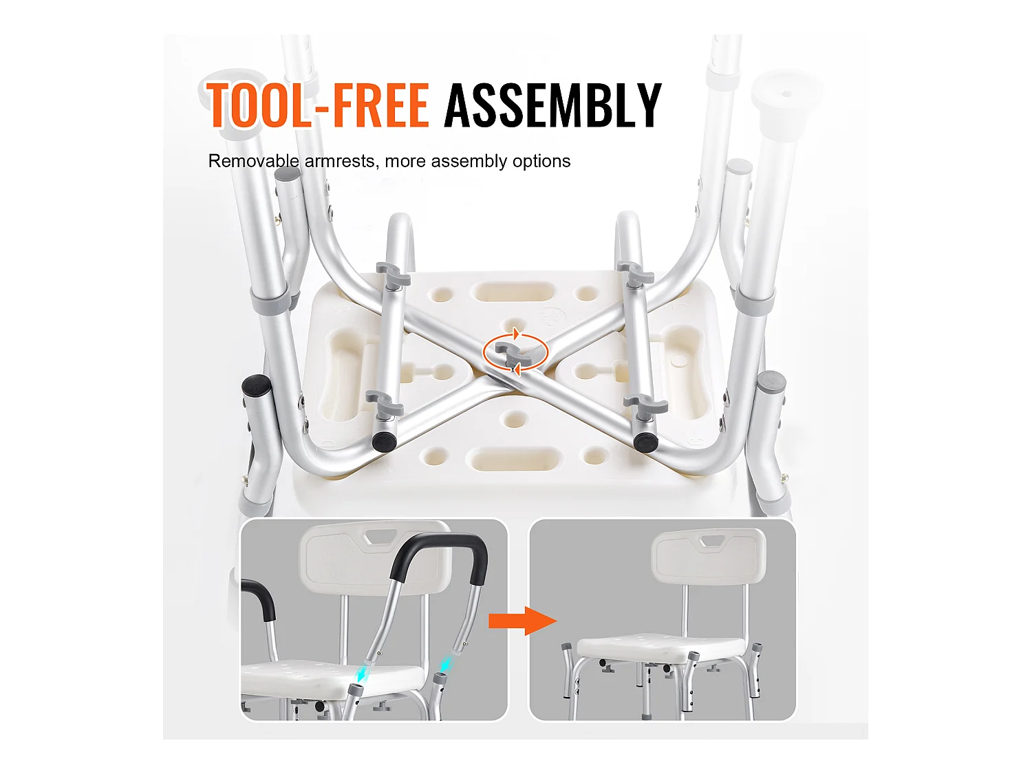 Chaise de Douche SucceBuy avec Dossier et Accoudoirs, Banc de Bain à Hauteur Réglable, Capacité de 350 lb