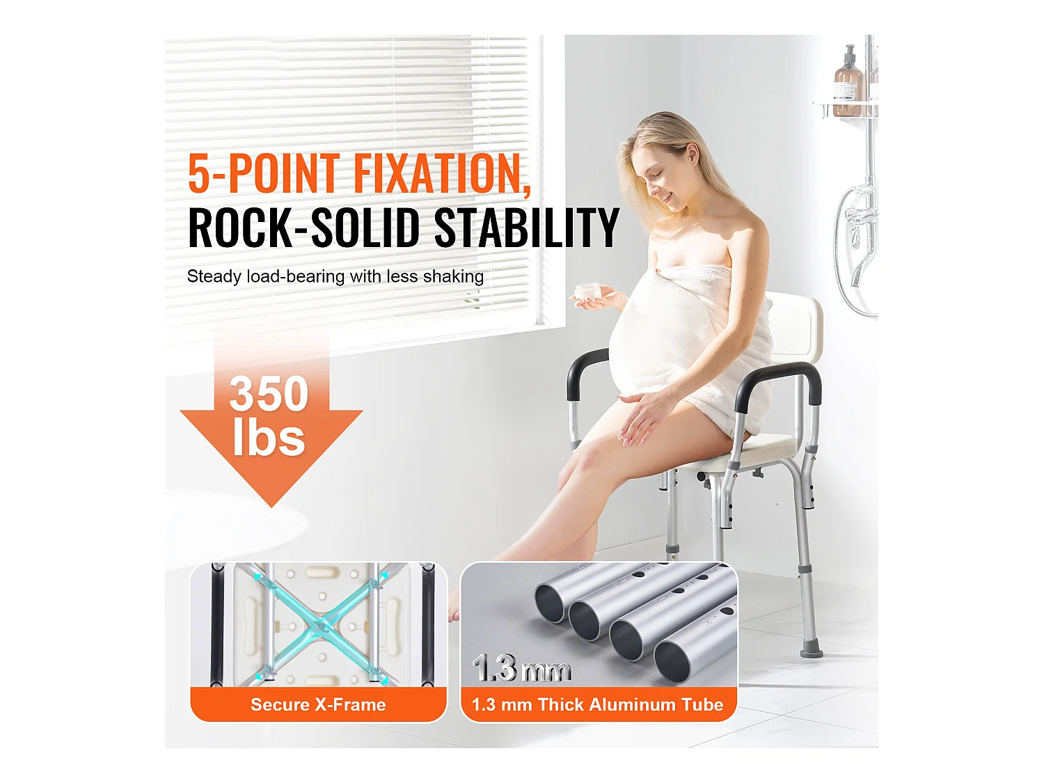 Chaise de Douche SucceBuy avec Dossier et Accoudoirs, Banc de Bain à Hauteur Réglable, Capacité de 350 lb