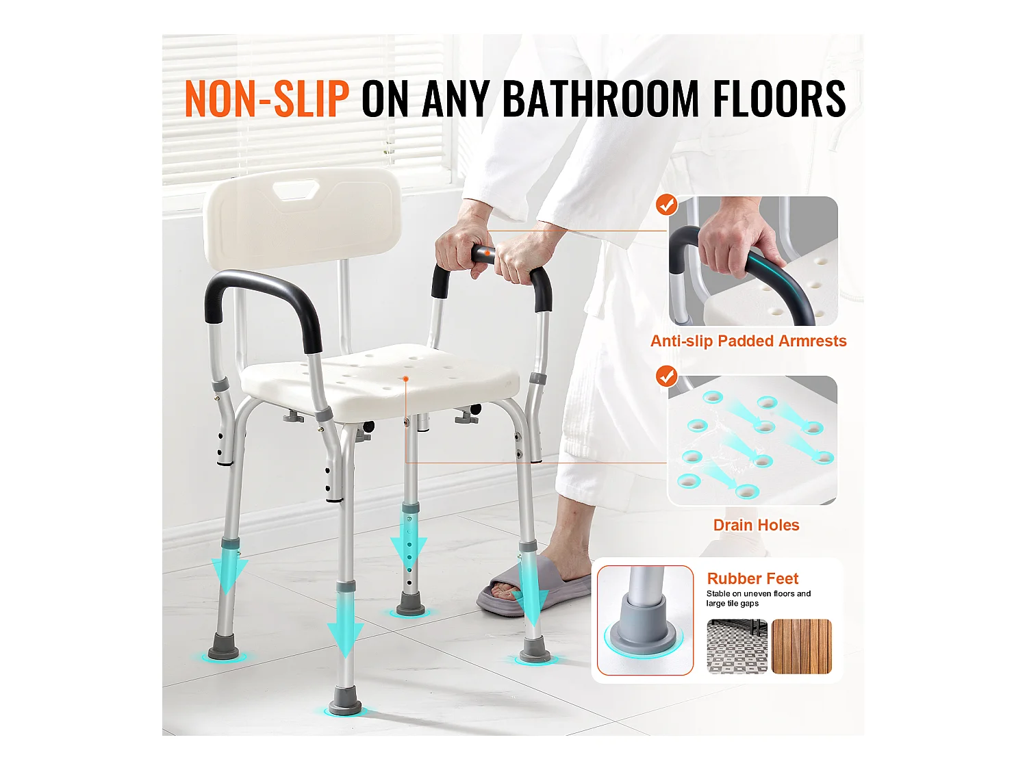 Chaise de Douche SucceBuy avec Dossier et Accoudoirs, Banc de Bain à Hauteur Réglable, Capacité de 350 lb